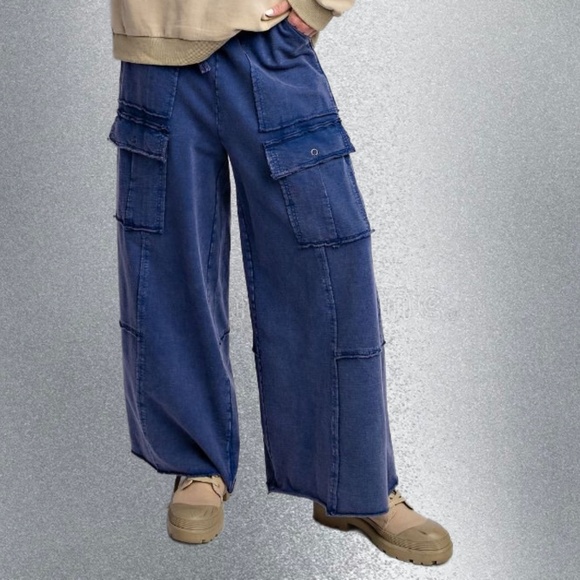 EASEL “Feeling Good Cargos” Mineral Washed Flared Leg, Raw Seams & Hems, Pockets - Picture 13 of 16